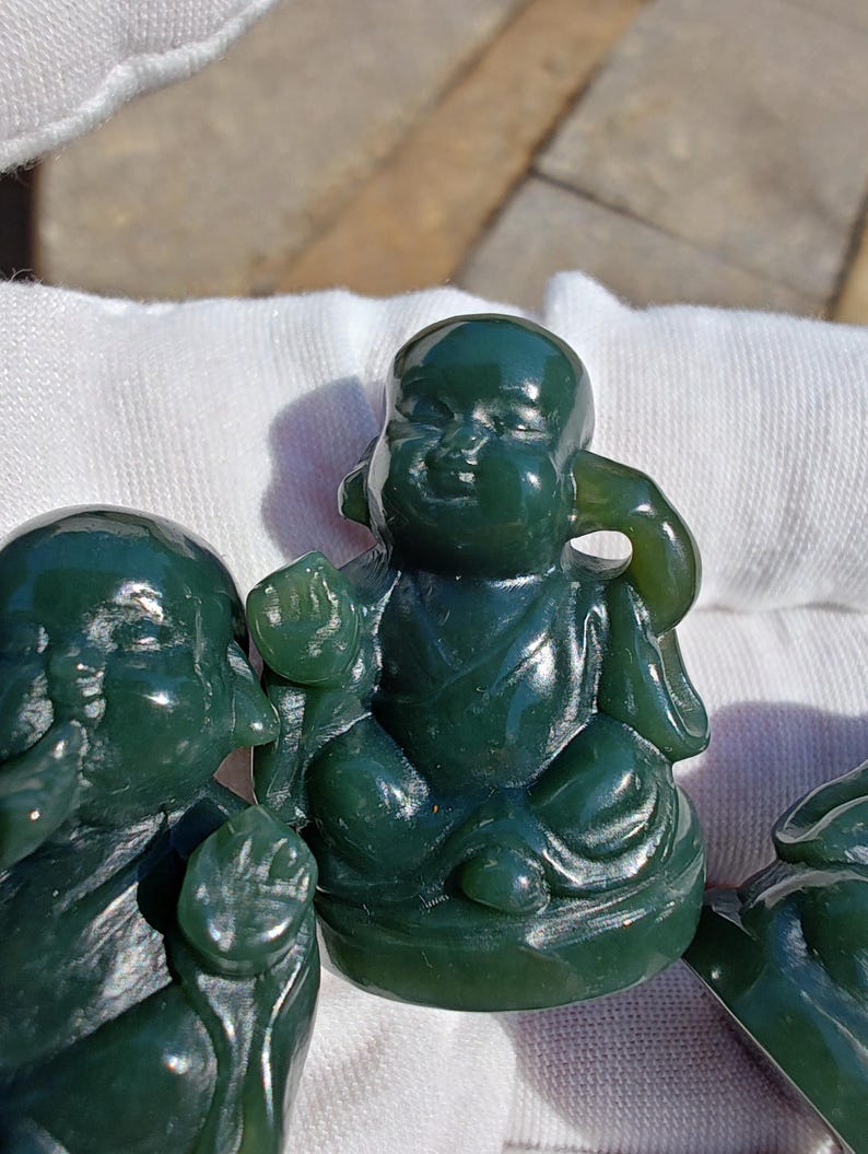 Hand Carved Nephrite Jade Baby Figurine Set: "No Hearing, Seeing, Speaking" - Image 4