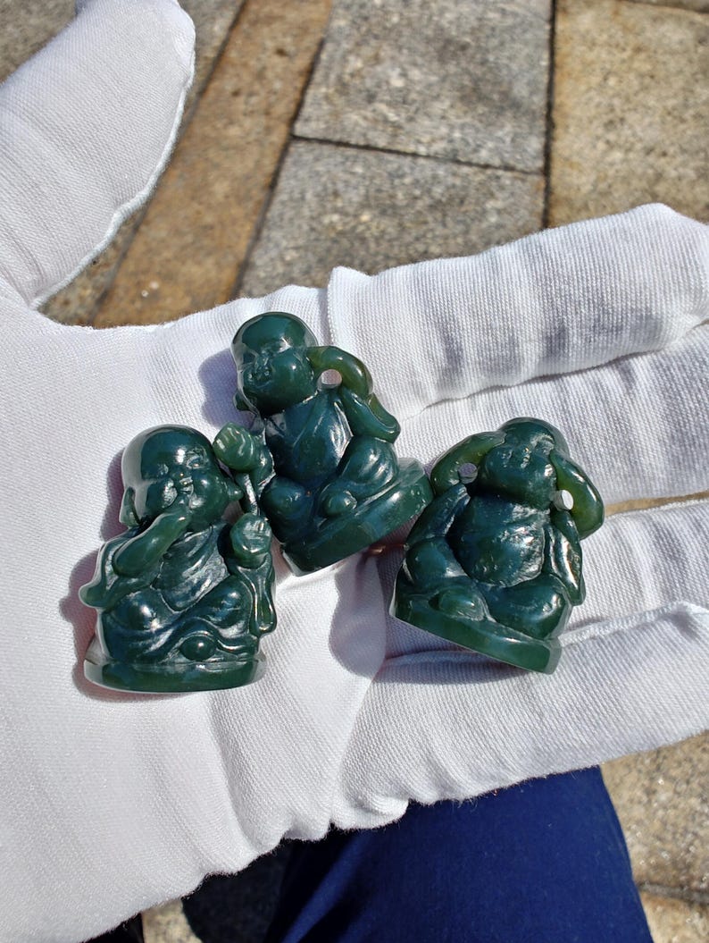 Hand Carved Nephrite Jade Baby Figurine Set: "No Hearing, Seeing, Speaking" - Image 2