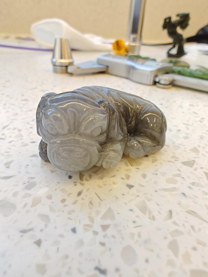 Hand Carved Cyan-White Nephrite Jade Dog Figurine