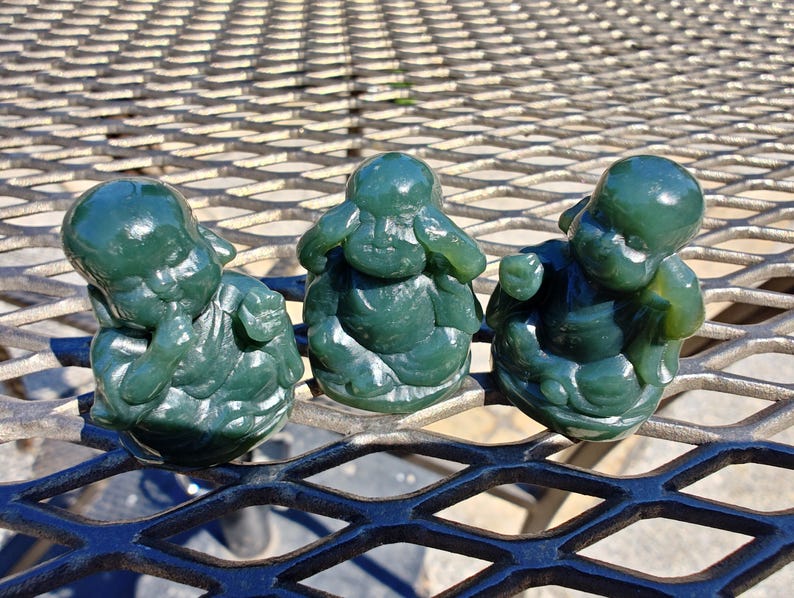 Hand Carved Nephrite Jade Baby Figurine Set: "No Hearing, Seeing, Speaking" - Image 7