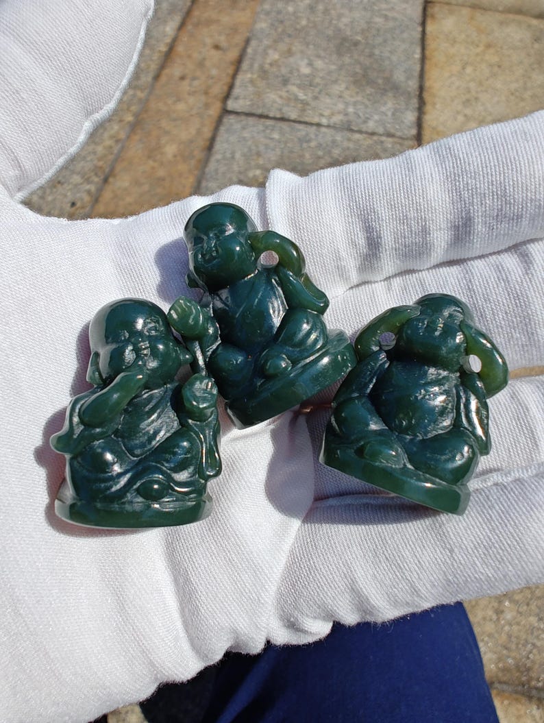 Hand Carved Nephrite Jade Baby Figurine Set: "No Hearing, Seeing, Speaking"