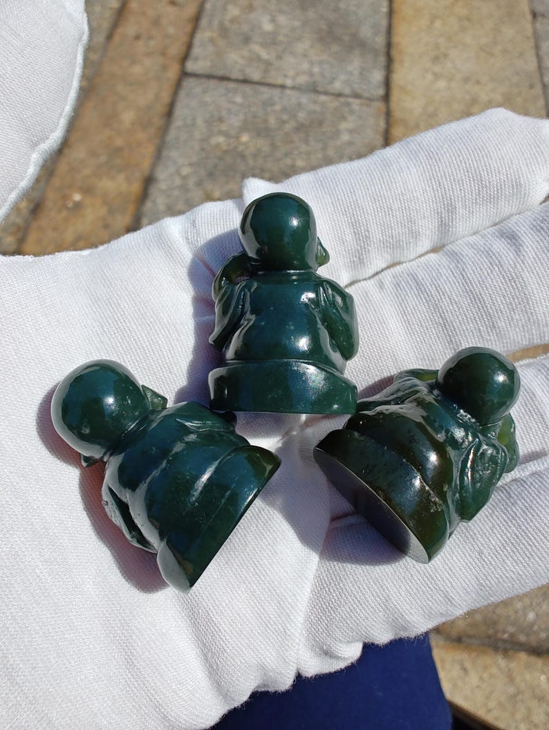 Hand Carved Nephrite Jade Baby Figurine Set: "No Hearing, Seeing, Speaking" - Image 3