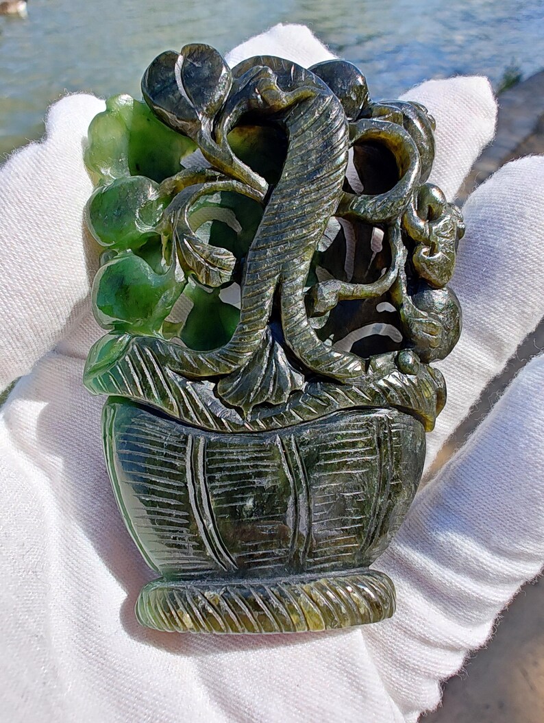 Certified Authentic Nephrite Jade Hand Carved Stereo Flower Basket (Not Big Sur Jade) - Image 2