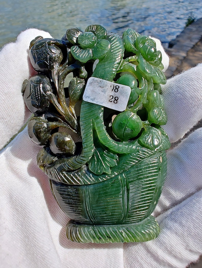Certified Authentic Nephrite Jade Hand Carved Stereo Flower Basket (Not Big Sur Jade)