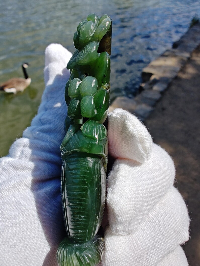 Certified Authentic Nephrite Jade Hand Carved Stereo Flower Basket (Not Big Sur Jade) - Image 3