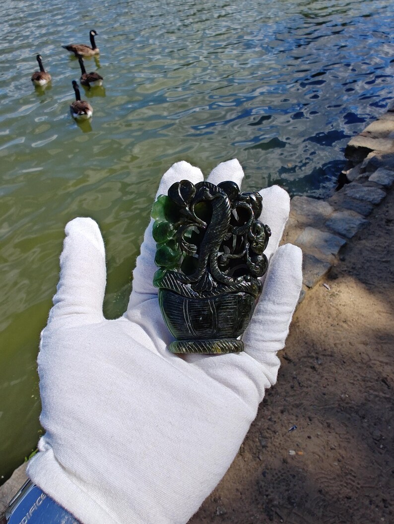 Certified Authentic Nephrite Jade Hand Carved Stereo Flower Basket (Not Big Sur Jade) - Image 8