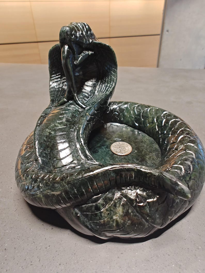 Certified Authentic Dark-Green Nephrite Jade Hand Carved Cobra Snake (Not Big Sur Jade)