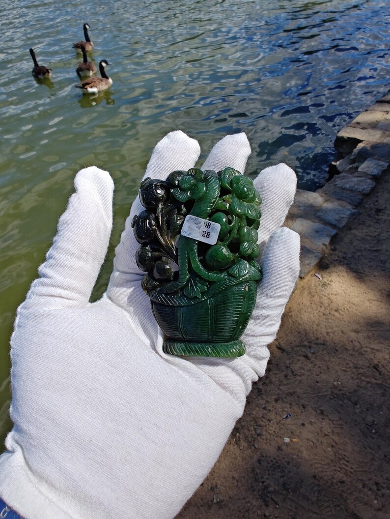 Certified Authentic Nephrite Jade Hand Carved Stereo Flower Basket (Not Big Sur Jade) - Image 7