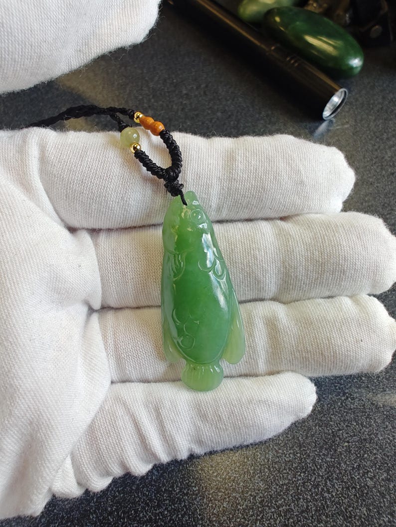 Certified Authentic Siberian Icy Light-Green Nephrite Jade Hand Carved Fish Pendant - Image 10