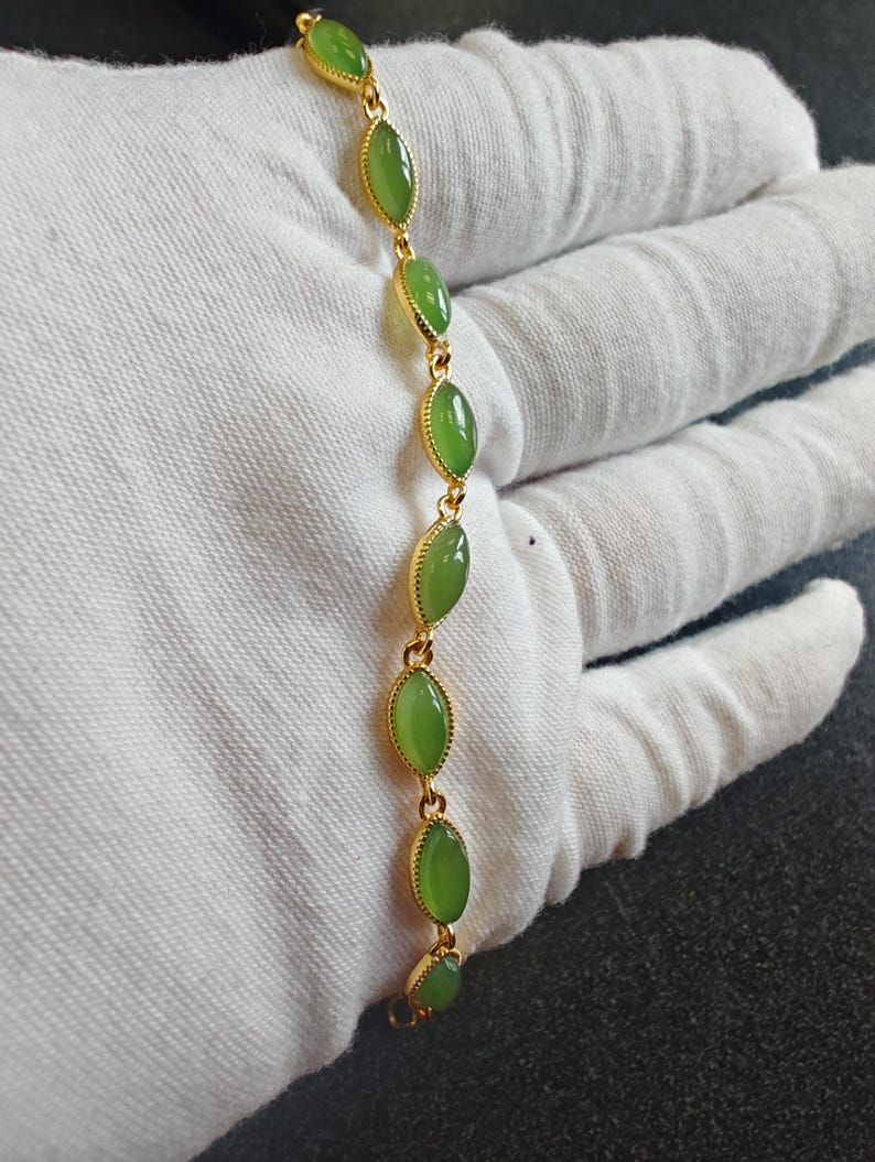 Certified Apple Green Nephrite Jade Chain Bracelet Yellow Silver-925 - Image 6