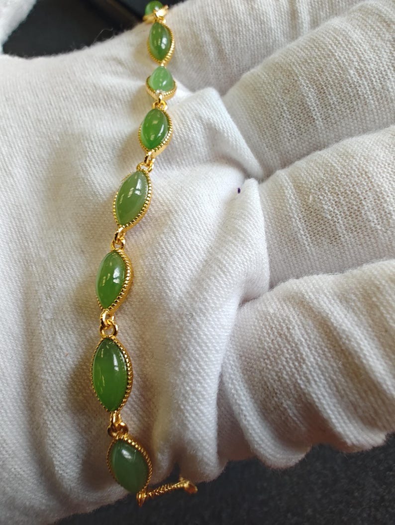 Certified Apple Green Nephrite Jade Chain Bracelet Yellow Silver-925 - Image 8