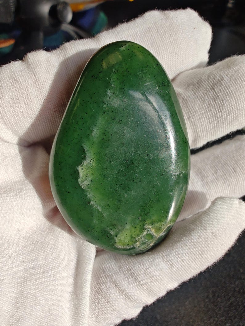Authentic Siberian Spinach Green Nephrite Jade Palm Stone