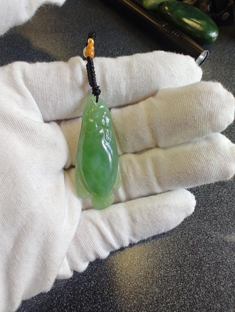 Certified Authentic Siberian Icy Light-Green Nephrite Jade Hand Carved Fish Pendant - Image 6