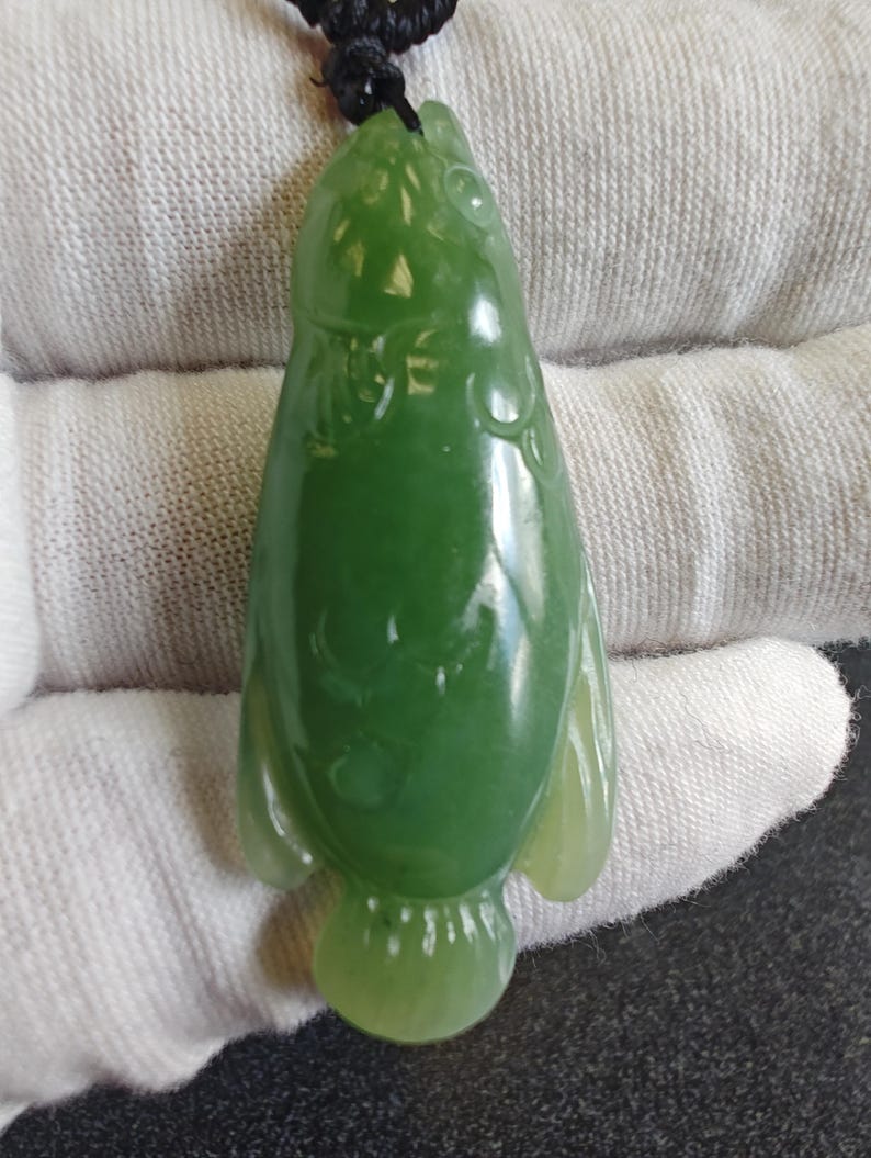 Certified Authentic Siberian Icy Light-Green Nephrite Jade Hand Carved Fish Pendant - Image 2