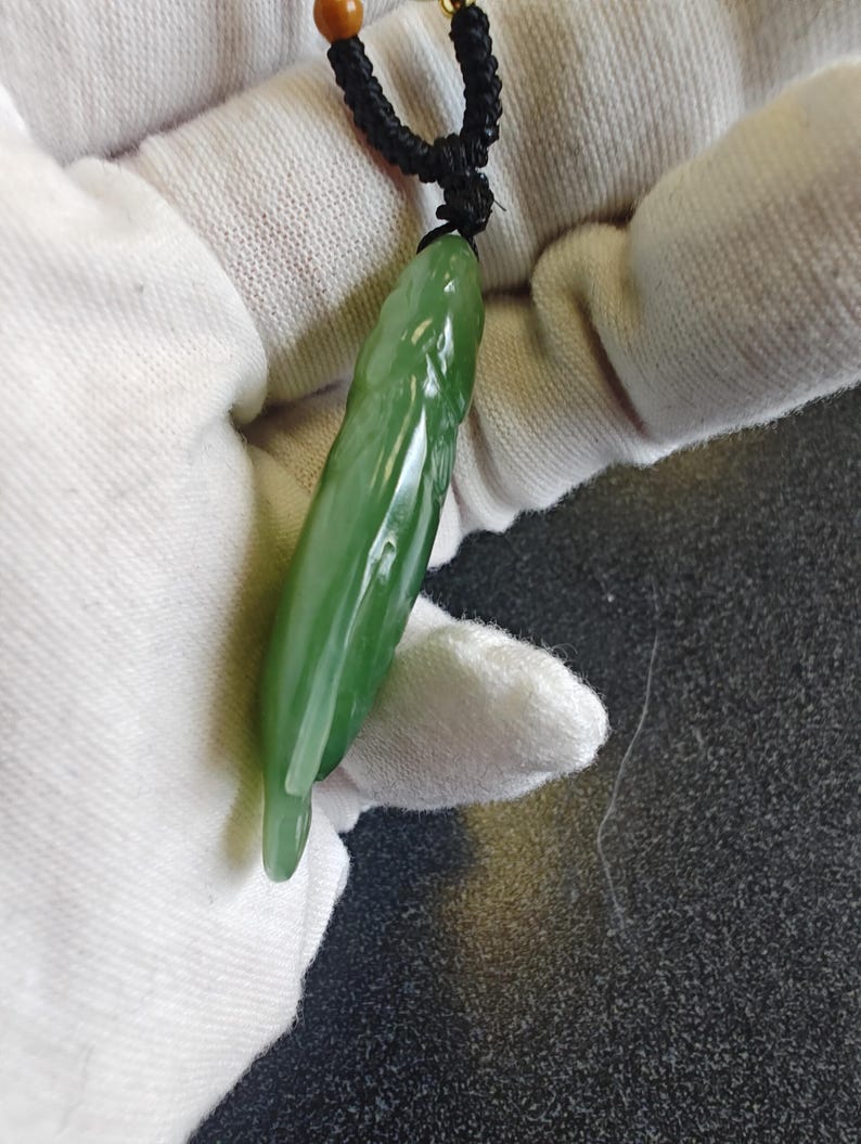 Certified Authentic Siberian Icy Light-Green Nephrite Jade Hand Carved Fish Pendant - Image 7