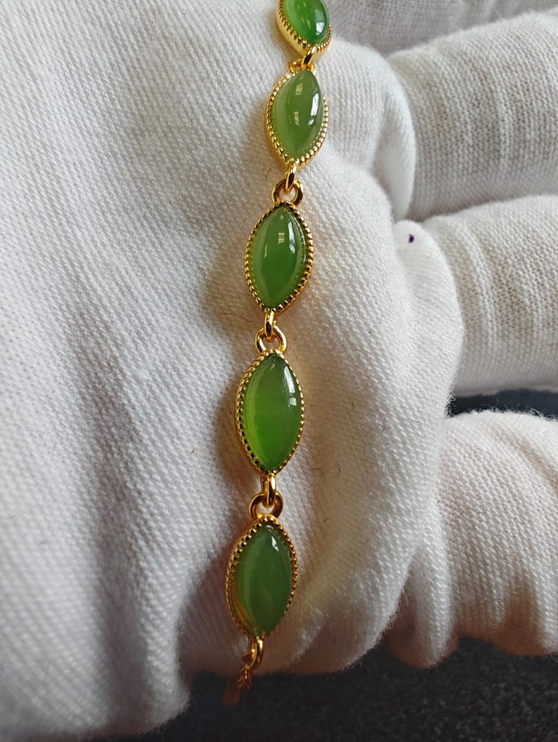 Certified Apple Green Nephrite Jade Chain Bracelet Yellow Silver-925 - Image 10