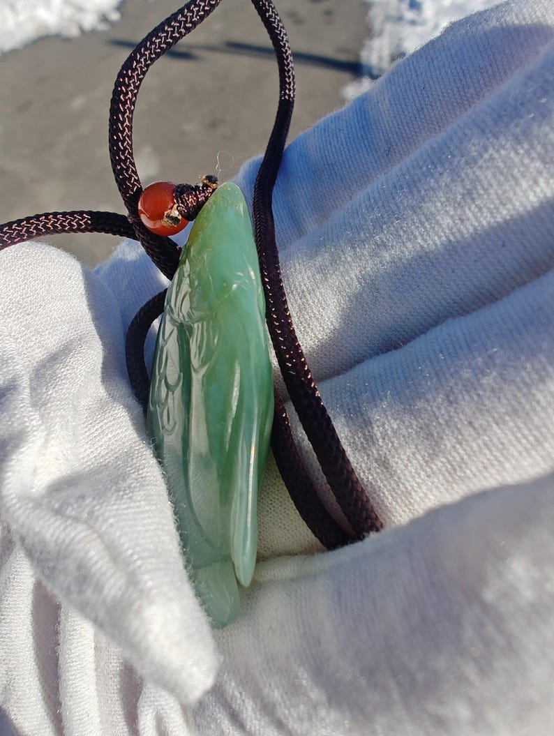 Certified Authentic Siberian Icy Light-Green Nephrite Jade Hand Carved Fish Pendant - Image 5