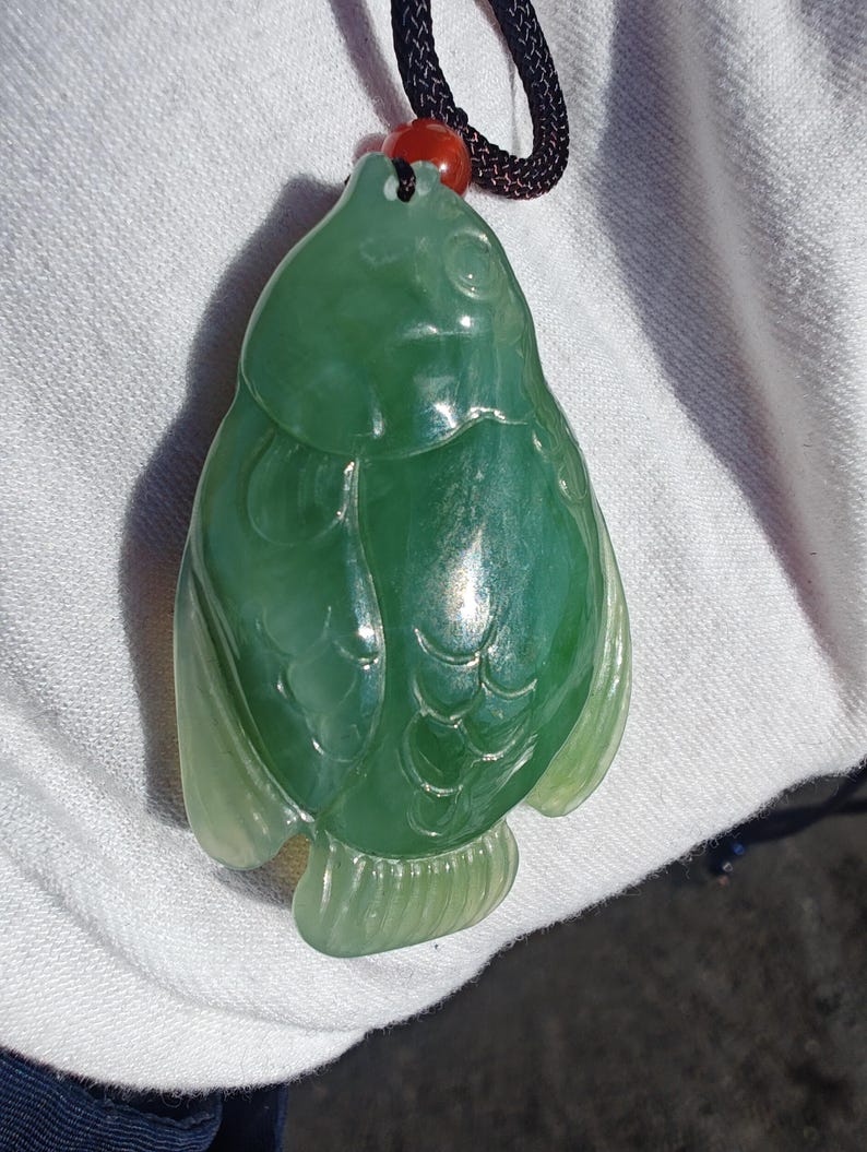Certified Authentic Siberian Icy Light-Green Nephrite Jade Hand Carved Fish Pendant - Image 3