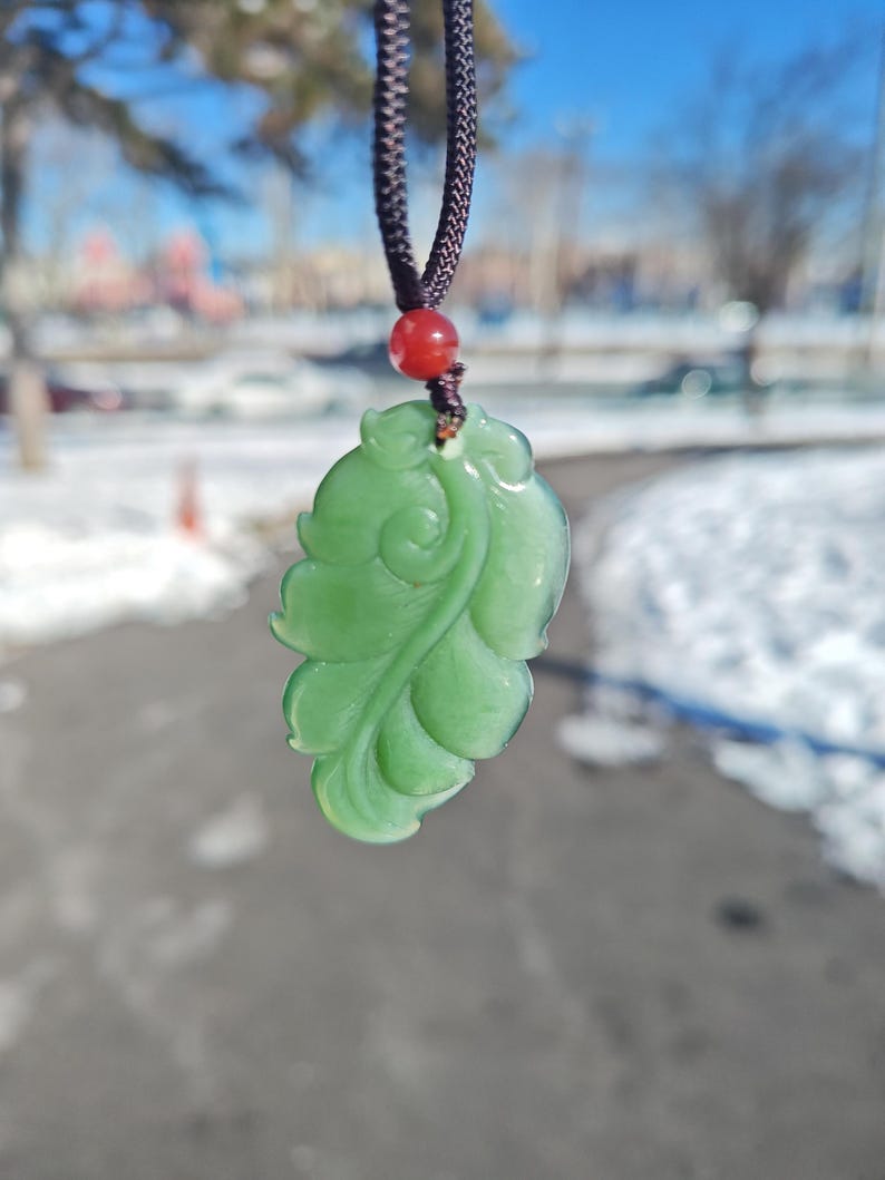 Certified Authentic Siberian Cat's Eye plus Icy Light-Green Nephrite Jade Hand Carved Leaf Pendant