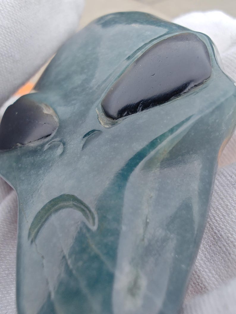 Guatemalan Jadeite Jade Ram Pendant, Hand Carved Cat's Eye Alien Pendant - Image 3