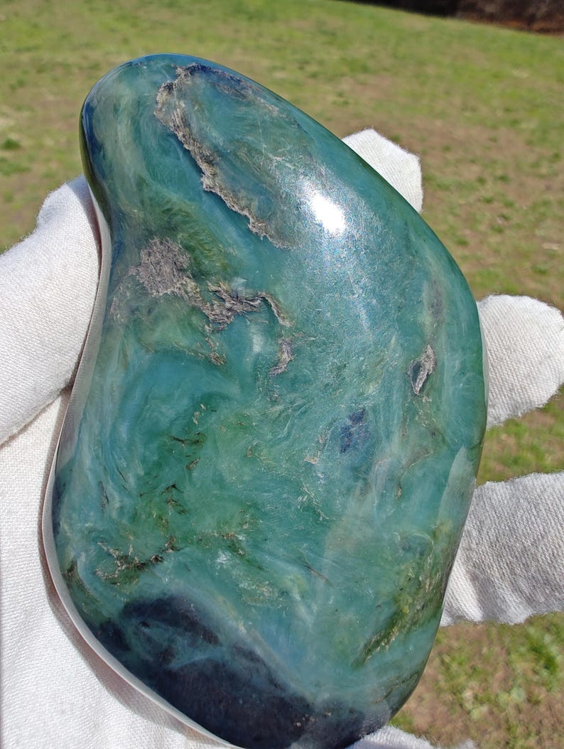 Authentic Big Sur Blue Vulcan Jade Hand Polish Palm Stone