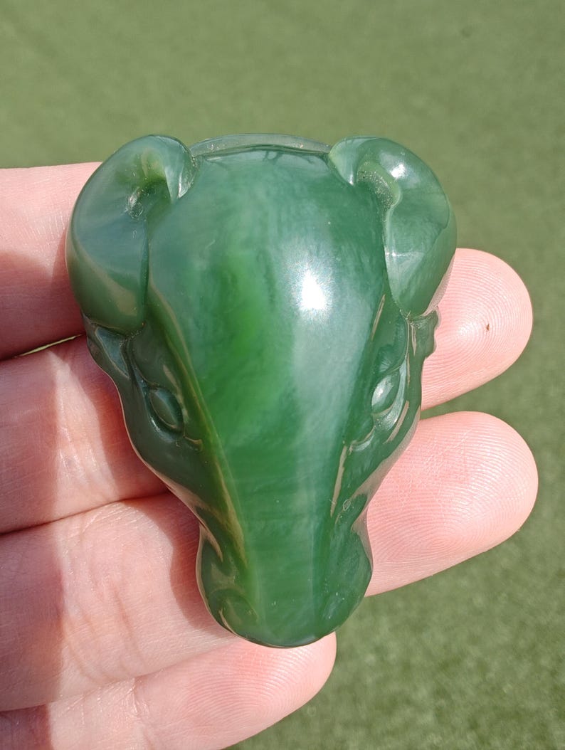 Siberian Nephrite Jade Cow Pendant, Hand Carved Cow Head