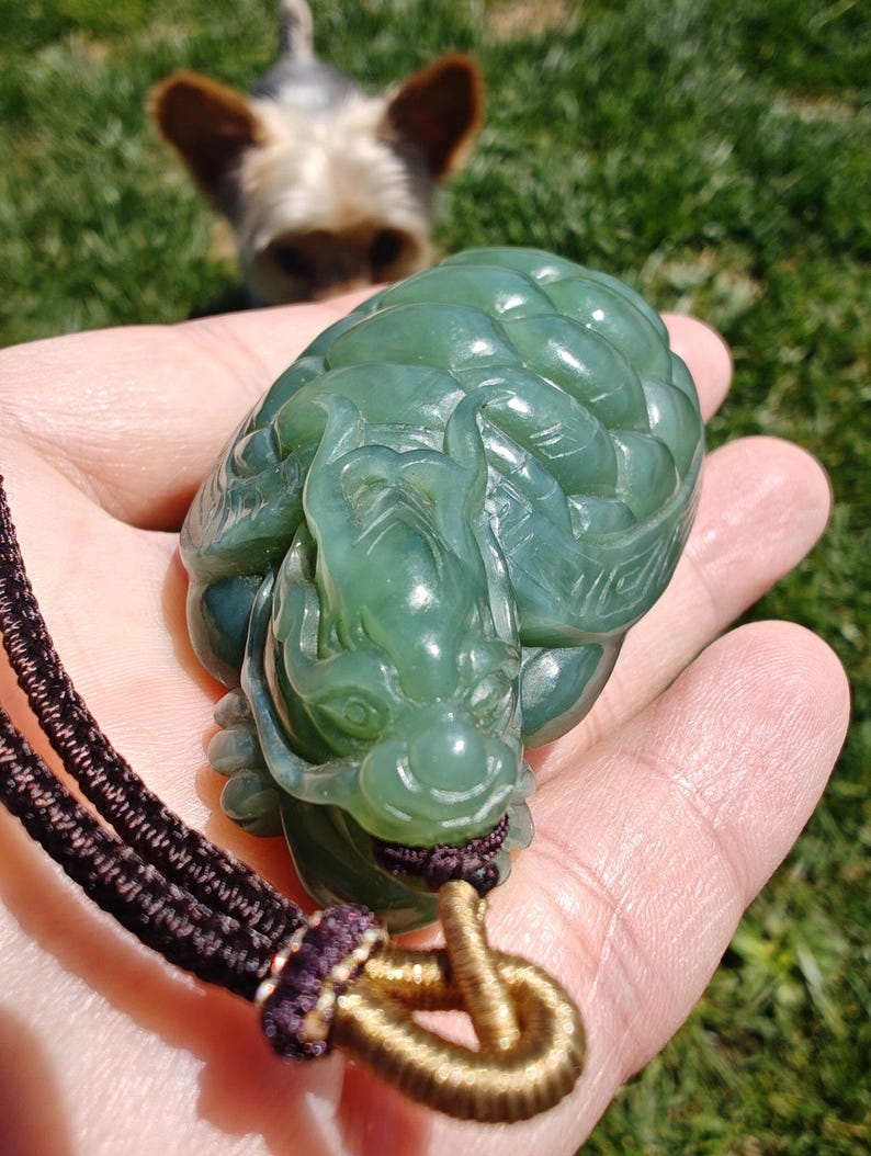 Certified Hand Carved Siberian Chatoyancy Nephrite Jade Dragon Turtle - Image 2