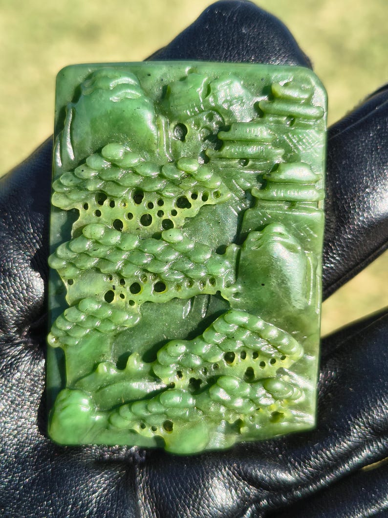Authentic Nephrite Jade Hand Carved Stereo Landscape (Lab Certified Himalayan Jade)