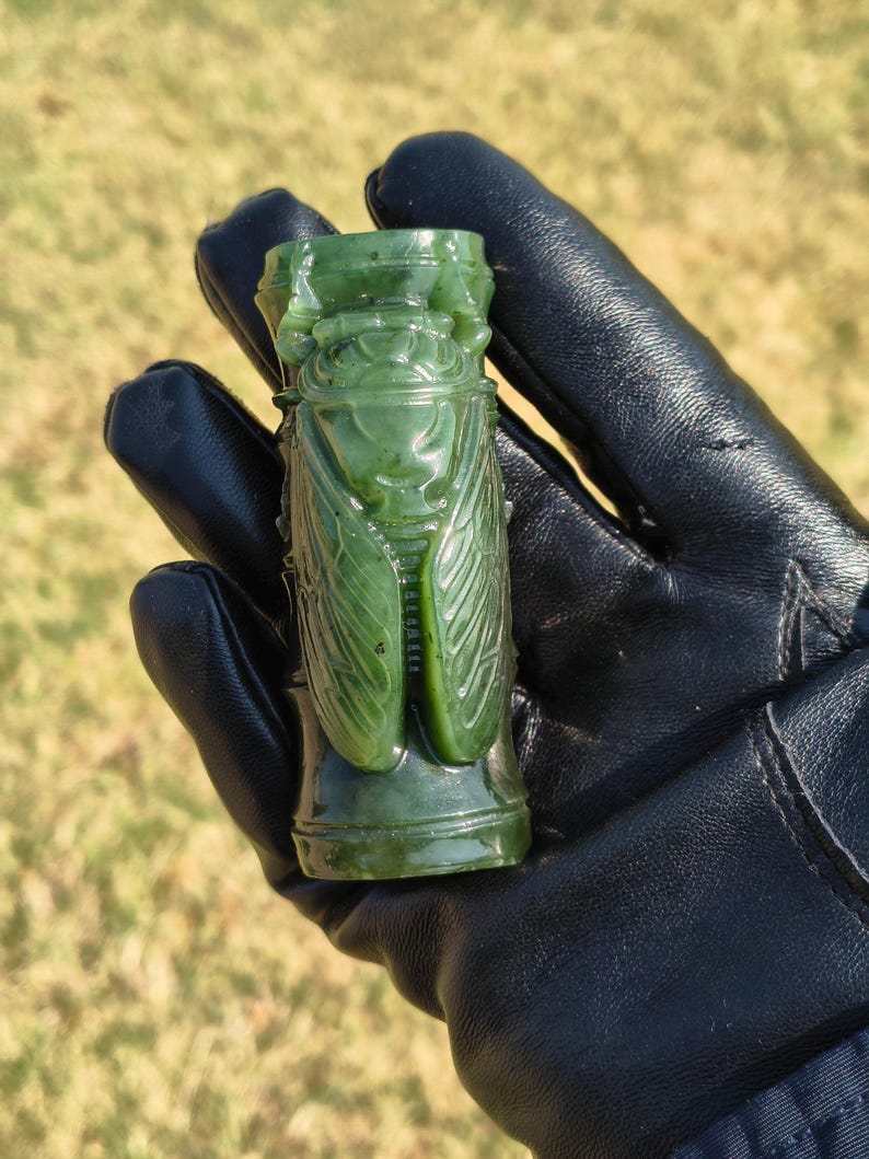 Certified Hand Carved Nephrite Jade Cicada On The Bamboo