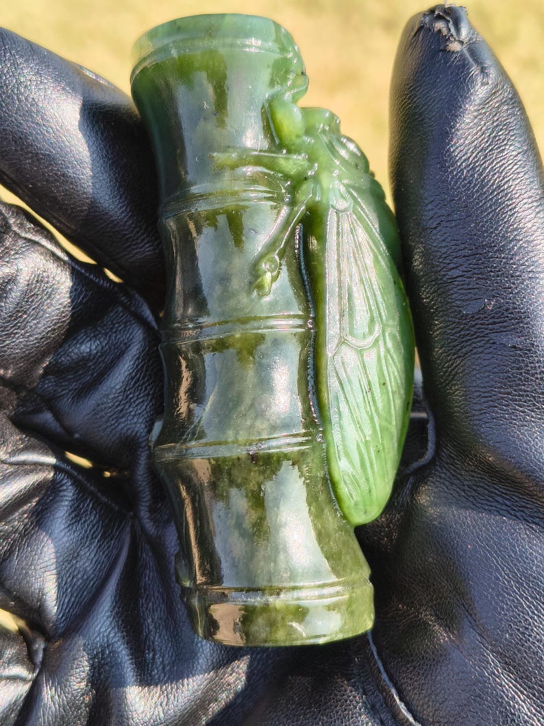 Certified Hand Carved Nephrite Jade Cicada On The Bamboo - Image 7