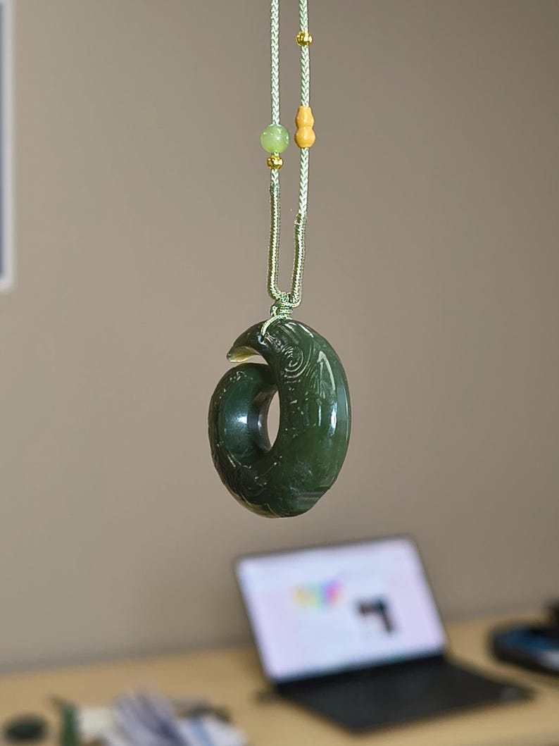 Kunlun Dark Green Nephrite Jade Spiral Pendant – Intricate Engraved Jade Necklace - Image 5