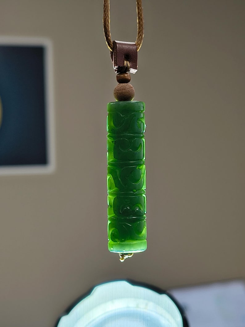 Canadian Yukon Nephrite Jade Cylinder Pendant – Carved Swirl Pattern Necklace - Image 6