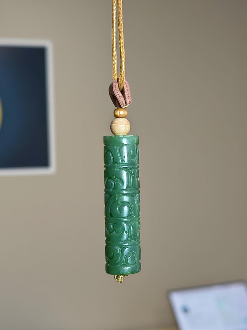 Canadian Yukon Nephrite Jade Cylinder Pendant – Carved Swirl Pattern Necklace - Image 5