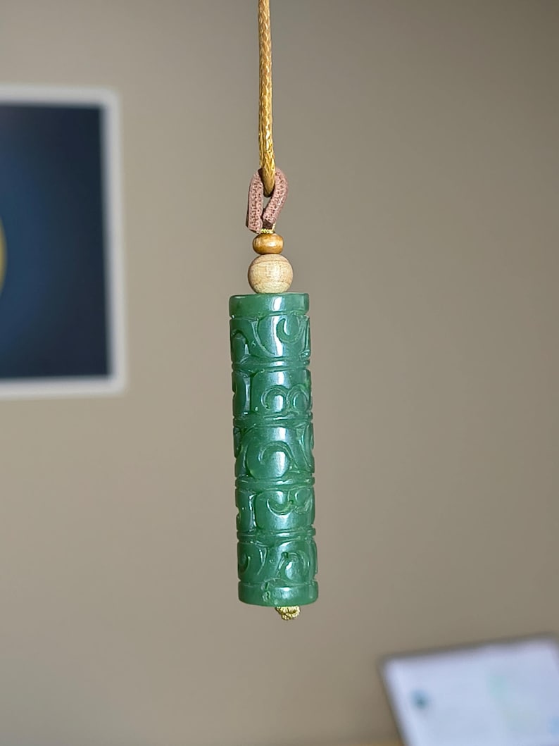 Canadian Yukon Nephrite Jade Cylinder Pendant – Carved Swirl Pattern Necklace - Image 2