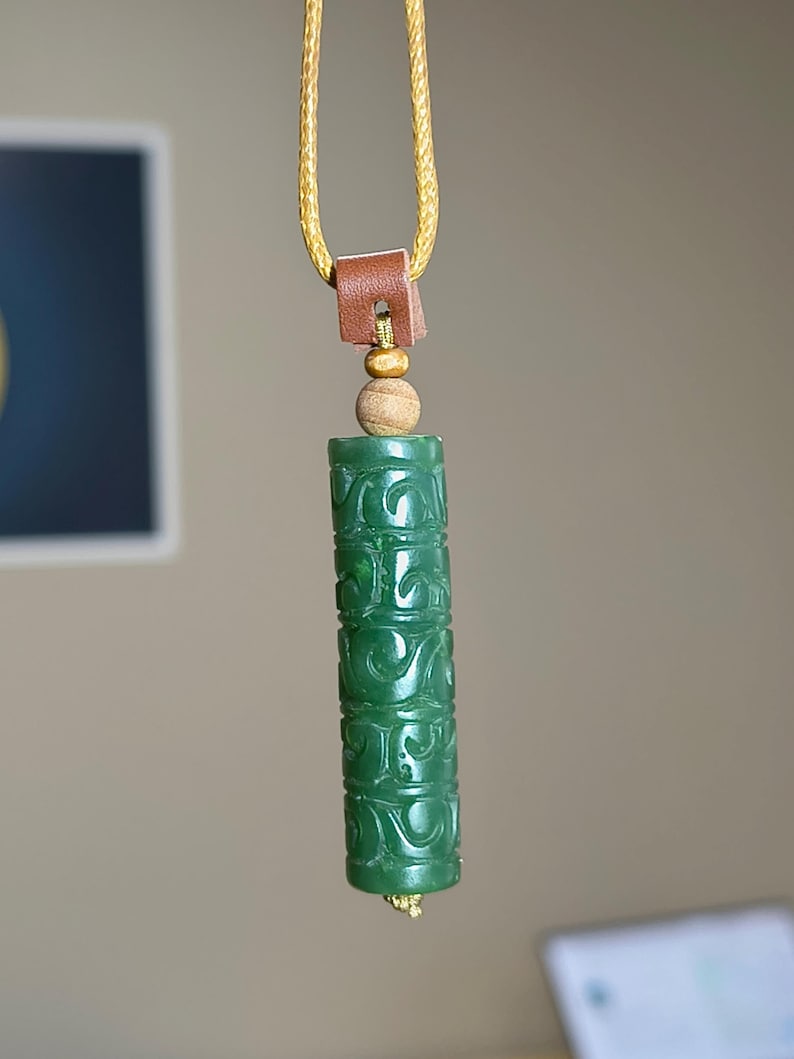 Canadian Yukon Nephrite Jade Cylinder Pendant – Carved Swirl Pattern Necklace
