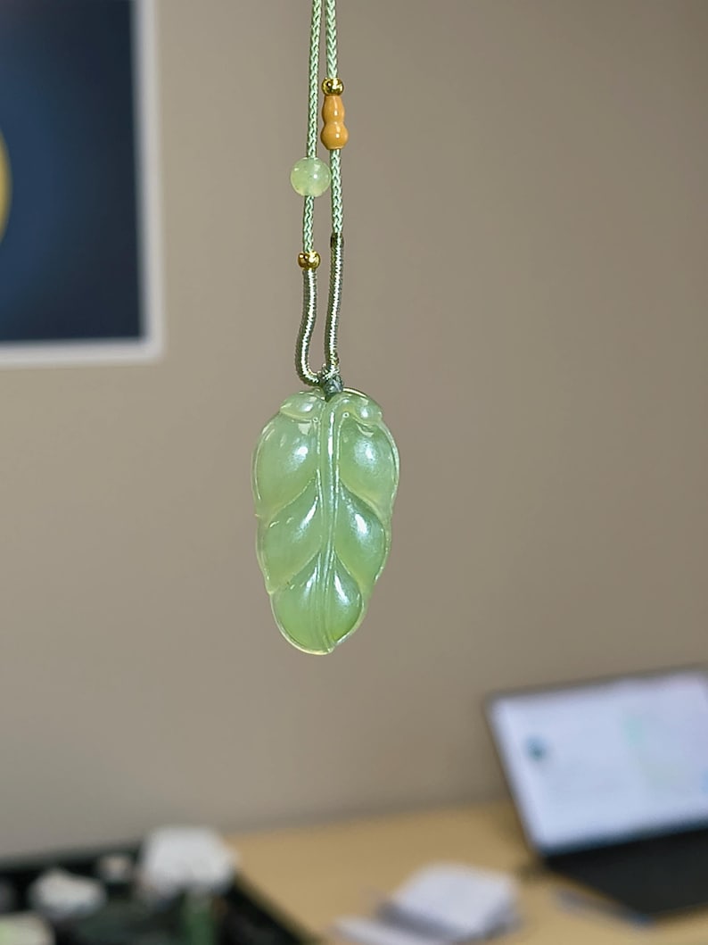 Authentic Siberian Icy Light-Green Nephrite Jade Hand Carved Leaf Pendant
