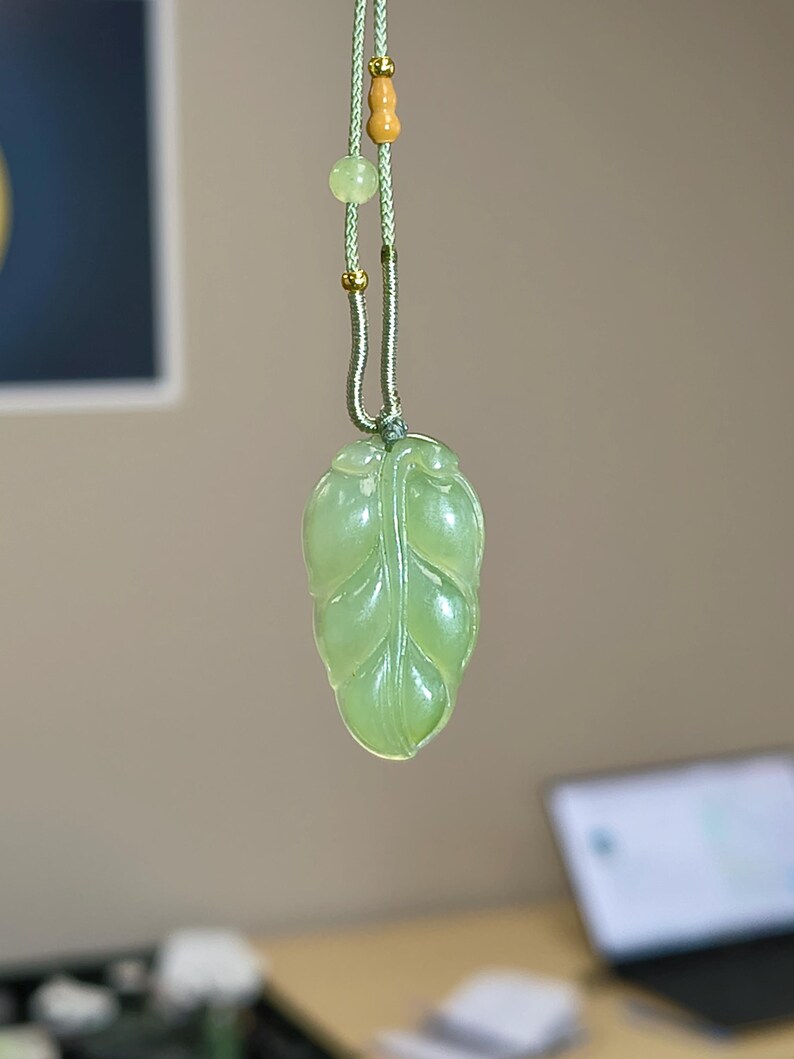 Authentic Siberian Icy Light-Green Nephrite Jade Hand Carved Leaf Pendant - Image 5