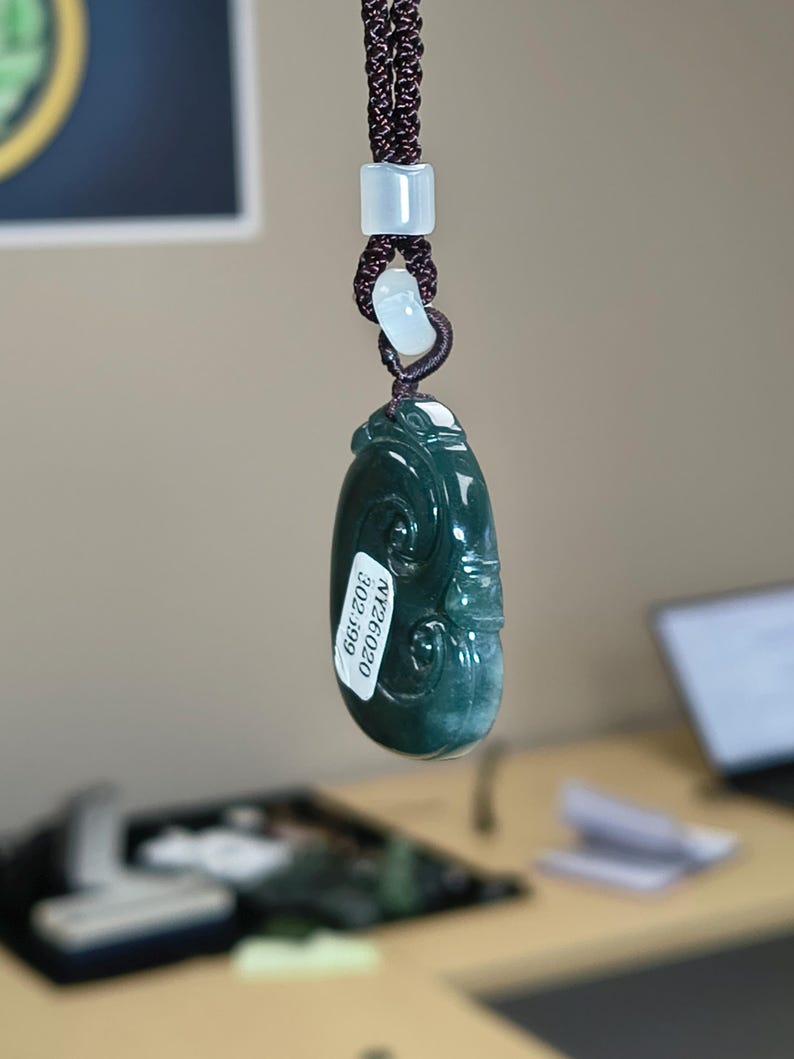 Certified Hand Carved Guatemalan Icy Jadeite Jade Ruyi Pendant - Image 4