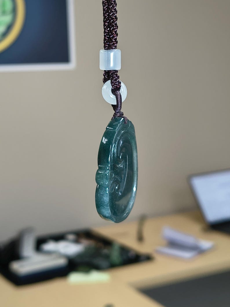 Certified Hand Carved Guatemalan Icy Jadeite Jade Ruyi Pendant - Image 6