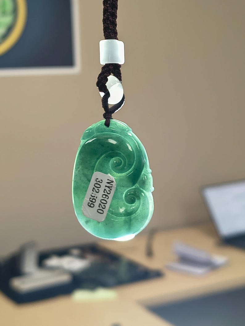 Certified Hand Carved Guatemalan Icy Jadeite Jade Ruyi Pendant - Image 7