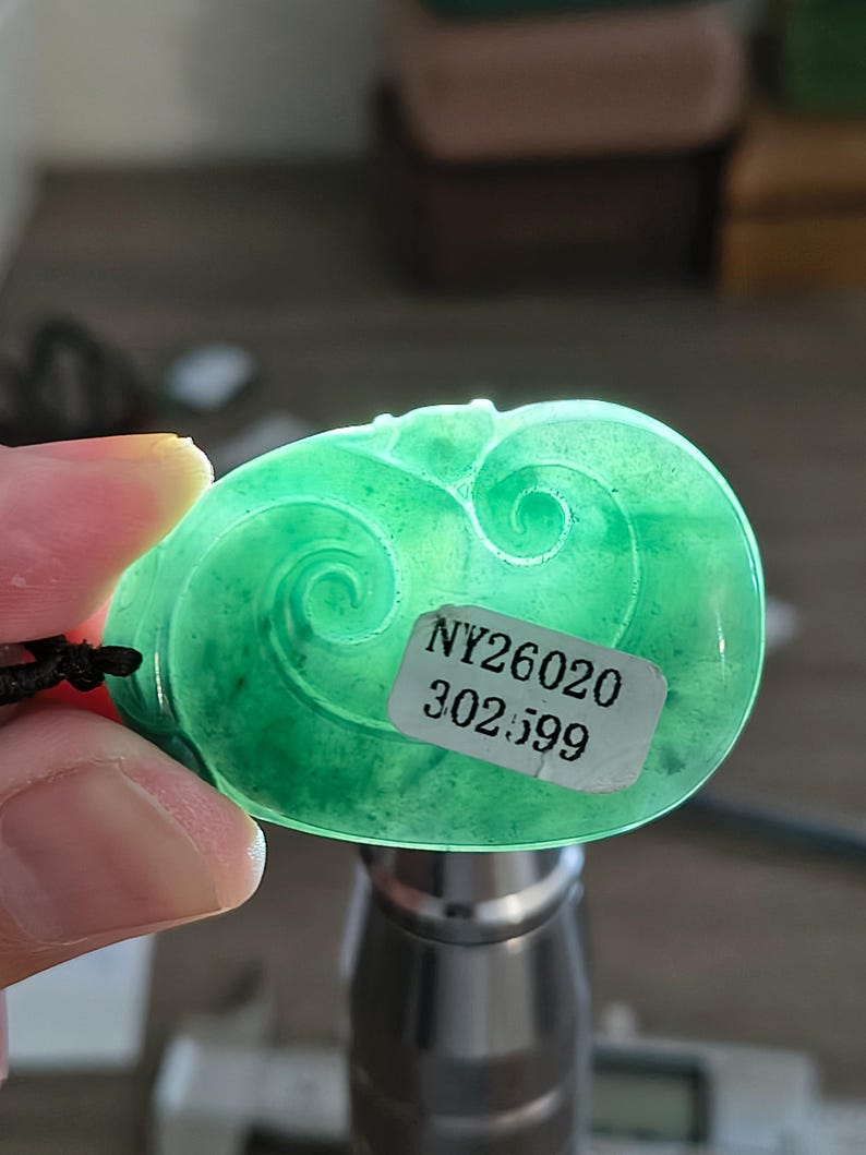 Certified Hand Carved Guatemalan Icy Jadeite Jade Ruyi Pendant - Image 8