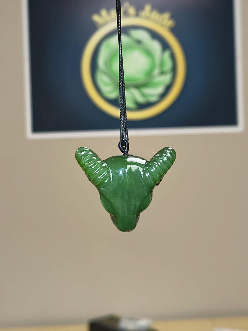 Authentic Siberian Spinach Green Nephrite Jade Ram Head Pendant