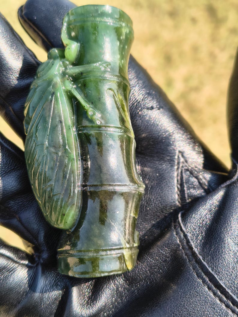 Certified Hand Carved Nephrite Jade Cicada On The Bamboo - Image 2