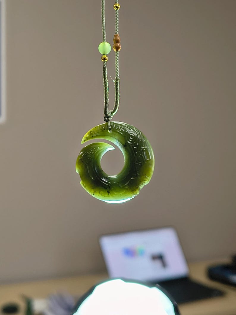 Kunlun Dark Green Nephrite Jade Spiral Pendant – Intricate Engraved Jade Necklace - Image 7