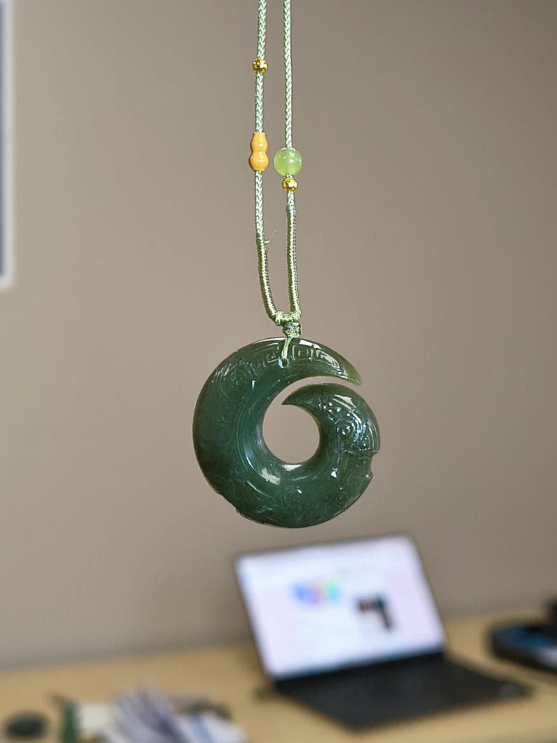 Kunlun Dark Green Nephrite Jade Spiral Pendant – Intricate Engraved Jade Necklace - Image 2