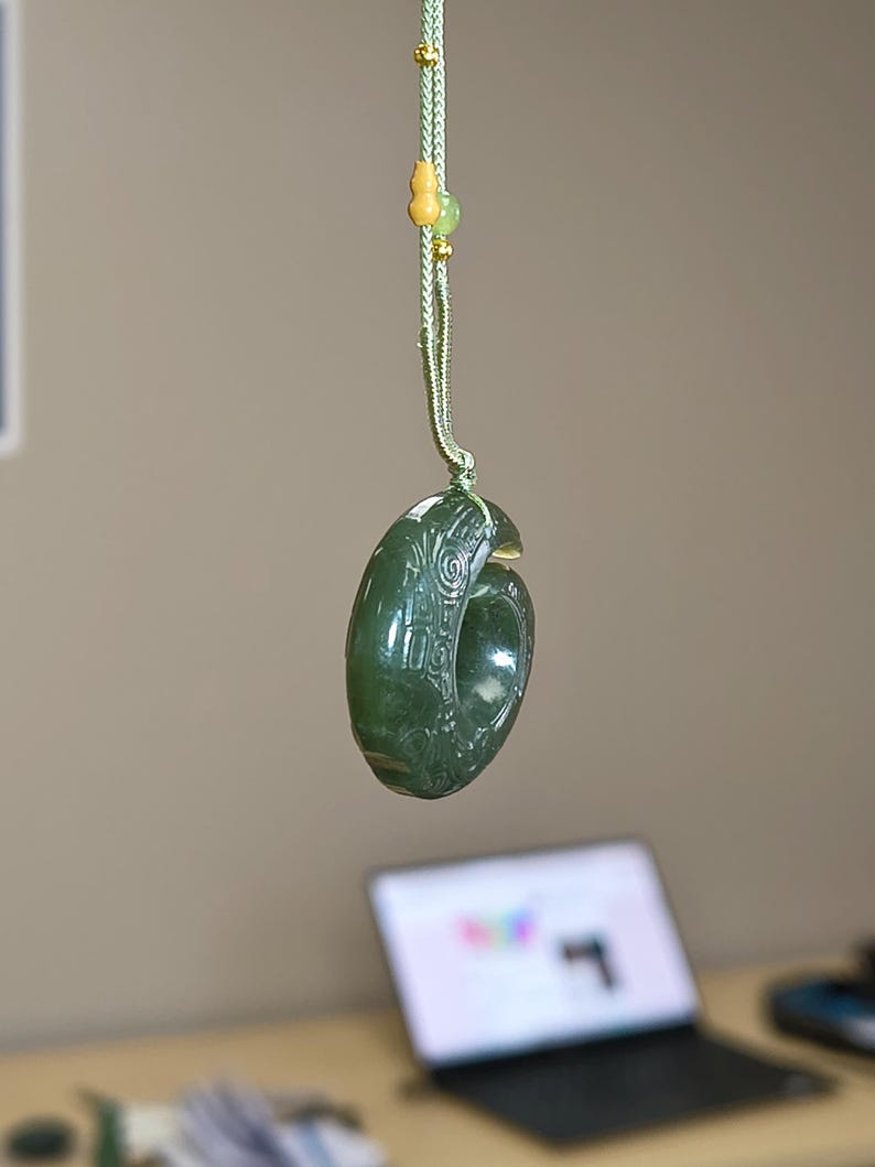 Kunlun Dark Green Nephrite Jade Spiral Pendant – Intricate Engraved Jade Necklace - Image 3