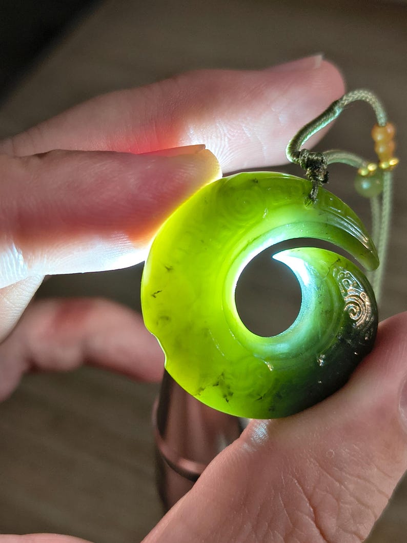 Kunlun Dark Green Nephrite Jade Spiral Pendant – Intricate Engraved Jade Necklace - Image 8