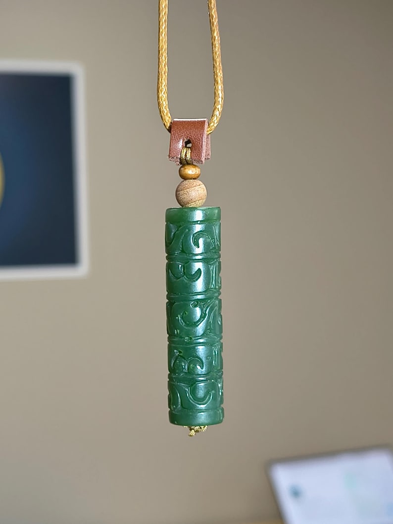 Canadian Yukon Nephrite Jade Cylinder Pendant – Carved Swirl Pattern Necklace - Image 4
