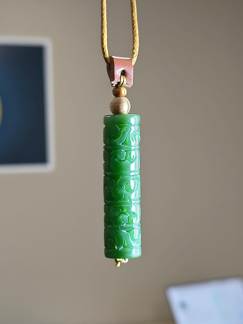 Canadian Yukon Nephrite Jade Cylinder Pendant – Carved Swirl Pattern Necklace - Image 3