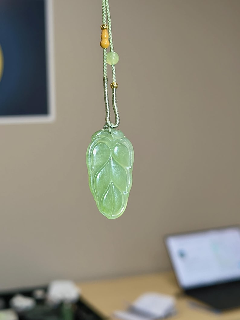 Authentic Siberian Icy Light-Green Nephrite Jade Hand Carved Leaf Pendant - Image 3